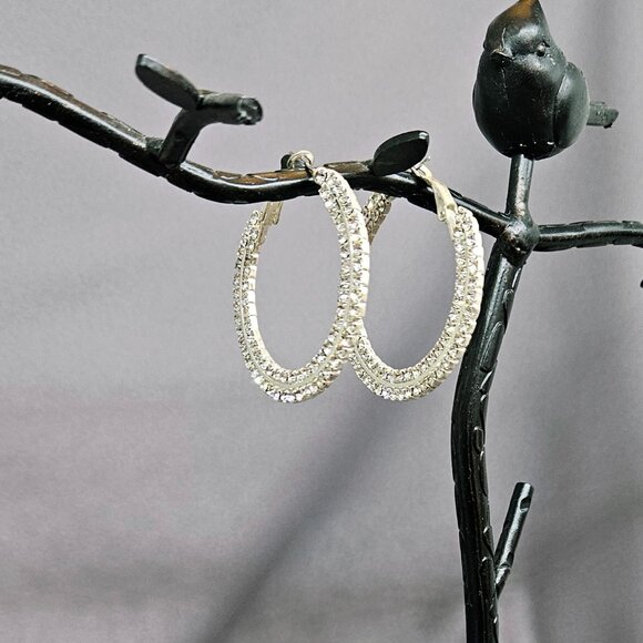 Rhinestone Hoop Earrings, Silver Plated  - 1 3/4" - Picture 2 of 6